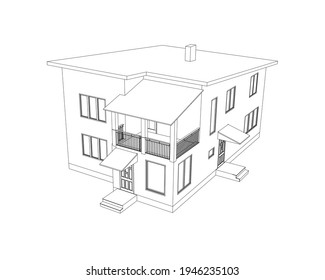 Vector wireframe perspective of luxury modern house exterior. 3D vector model of cottage isolated on white background.