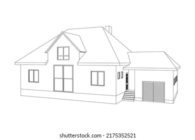 Vector Wireframe Perspective Of Luxury Modern House Exterior. 3D Vector Model Of Cottage Isolated On White Background.