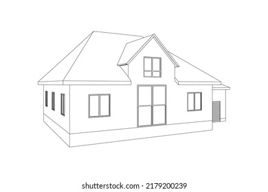 Vector wireframe perspective of luxury modern house exterior. 3D vector model of cottage isolated on white background.