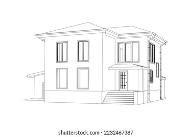 Vector wireframe perspective of luxury modern house exterior. 3D vector model of cottage isolated on white background.