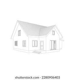 Vector wireframe perspective of luxury modern house exterior. 3D vector model of cottage isolated on white background.