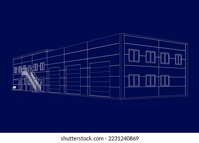 Vector wireframe perspective of Сar service exterior. 3D vector model of building isolated on blue background.