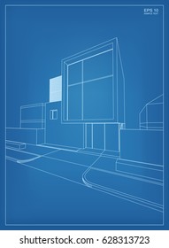 Vector wireframe perspective of tropical house. 3D rendering of modern house.