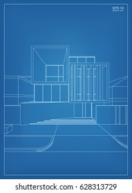 Vector wireframe perspective of tropical house. 3D rendering of modern house.