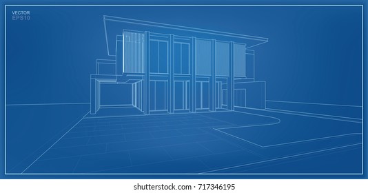 Vector wireframe perspective of tropical house. 3D rendering of modern house.