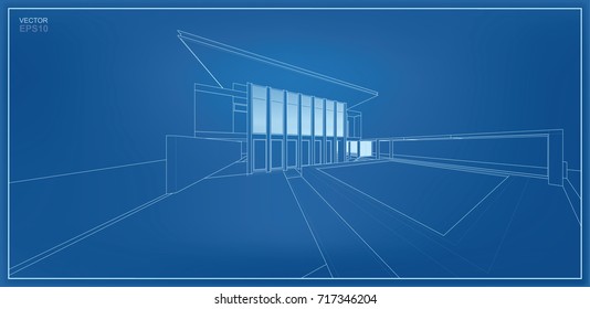 Vector wireframe perspective of tropical house. 3D rendering of modern house.