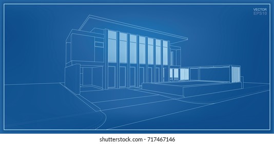 Vector wireframe perspective of tropical house. 3D rendering of modern house.