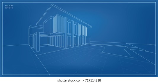 Vector Wireframe Perspective Of Tropical House. 3D Rendering Of Modern House.