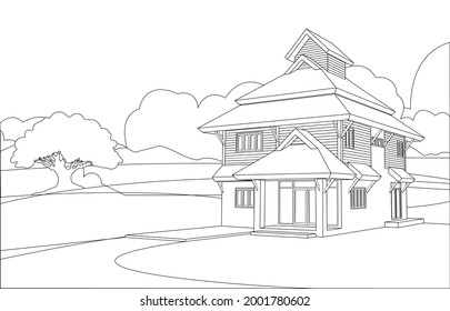 Vector wire-frame perspective of tropical modern house exterior. Two story house .drawing line.Architecture vector illustration.