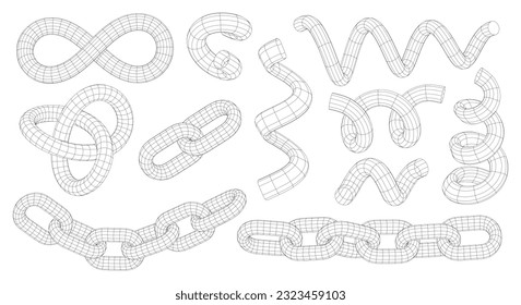 Formas de armazón de vectores. cuadrícula de tecnología 3D. Espirales, Curvas Twisted, Cadenas, Enlaces, Contorno Trefoil. Estructura de conexión, símbolo Infinity. malla 3D. Elementos de diseño gráfico sobre fondo blanco.