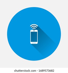 Vector wireless credit card payment icon on blue background. Flat image with long shadow.
