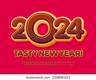 Vector wish Card Tasty New Year 2024! Chocolate cake Font. Artistic Alphabet Letters and Numbers set