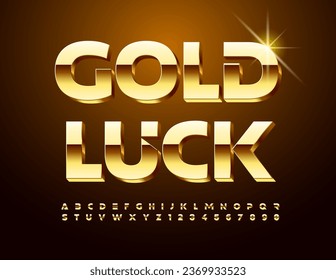 Vector wishing card Good Luck. Trendy 3D Font. Stylish Golden Alphabet Letters and Numbers