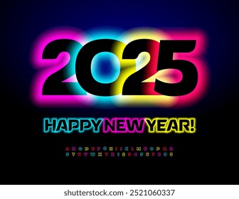 Vector Wishing Card Happy New Year 2025! Colorful Neon Font. Set of Illuminated Alphabet Letters and Numbers.