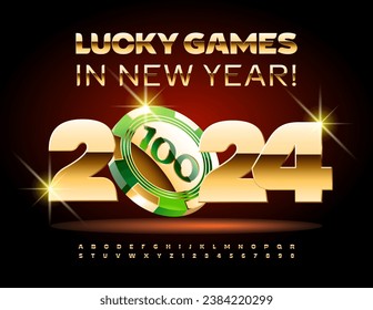 Vector wishing card Lucky Games in New Year 2024! Chic Golden Font. Stylish Alphabet Letters and Numbers set