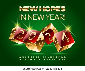 Tarjeta de deseo de vectores New Hopes en Año Nuevo con Casino Dices. Juego de letras y números de alfabeto dorado. Elegante y brillante fuente