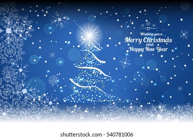 Vector Wishing you a Happy New Year abstract dark blue background with christmas tree, snowfall and snowflakes.