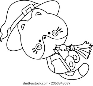 a vector of a witch cat and a broom in black and white coloring