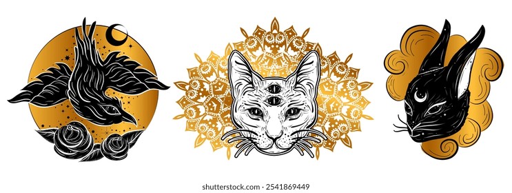 Vetor Witch Familiars conjunto de adesivos dourados. Mão desenhada, rabiscar, esboço coleção mágico. Símbolos de bruxaria. Perfeito para tatuagem, têxtil, cartões, design misterioso	