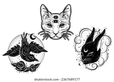 Vector witch familiars set. Hand drawn, doodle, sketch magician collection. Witchcraft symbols. Perfect for tattoo, textile, cards, mystery