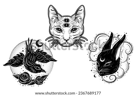 Vector witch familiars set. Hand drawn, doodle, sketch magician collection. Witchcraft symbols. Perfect for tattoo, textile, cards, mystery