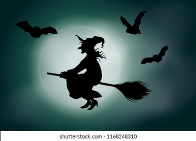 Vector witch flying on a broomstick in front of a full moon on green misty sky background.