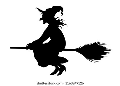 Vector witch flying on a broomstick on white background.