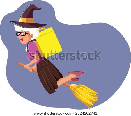 
Vector Witch With Food Delivery Box Flying on a Broomstick. Fast food delivery courier carrying Halloween meals on the go 
