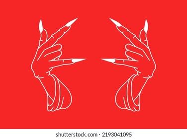 Vector witch hands make horns symbol on red background. Devil tattoo line art print. Line art creepy demon. Human fingers rock style. Halloween character. Satan vintage element. Flat evil sign