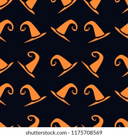 Vector witch hat seamless pattern with orange colors. Creative patterns for baby and kids fashion textile wrapping ready for print.