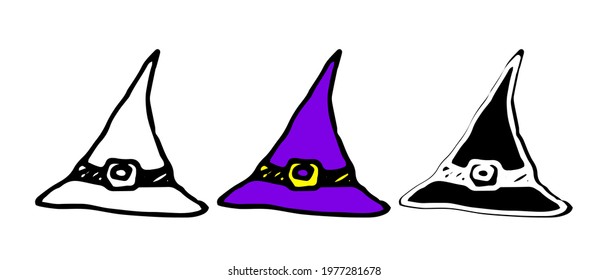 vector witch hat with a sharp tip, purple color. hand-drawn fairy hat, black outline and silhouette, purple color with yellow buckle on white background for design template. symbol of magic