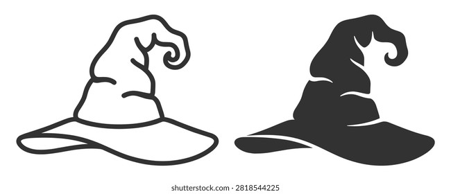 vector witch hat silhouette and outline magic costume accessory on transparent background