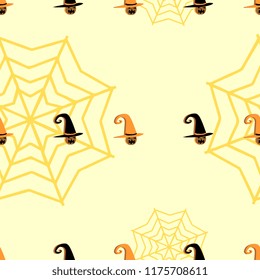 Vector witch head with spider web seamless pattern. Halloween spooky funny background for print and textile wrapping.