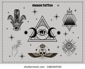 Vector witch and Magic Collection with with masonic symbols: all-seeing eye, skull with wings and crown, hands, sun, moon