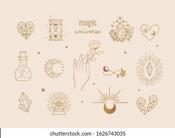 Vector witch and Magic Collection with: magic potion, moon, sand flowers, infinity sign, crystal, heart, crystal ball