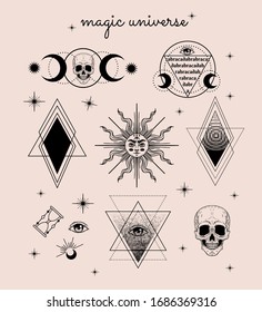 Vector witch and Magic Collection with: eyes, moon, sun, hourglass, abracadabra, skull. set of mystical tattoos