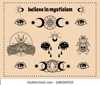 Vector witch and Magic Collection with: eyes, moon, sun, moth, scarab, skull. set of mystical tattoos