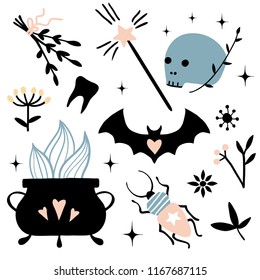 Vector witch magic design elements set. Hand drawn, doodle, sketch magician collection. Witchcraft mystery symbols: brew, skull, herbs, wand. Perfect for stickers, cards, print design