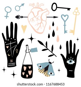 Vector witch magic design elements set. Hand drawn, doodle, sketch magician collection. Witchcraft mystery symbols: heart, arrow, palmistry, arrow, love poison. Perfect for stickers, cards, prints