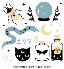 Vector witch magic design elements set. Hand drawn, doodle, sketch magician collection. Witchcraft mystery symbols: bottle, poison, cat, snake. Perfect for stickers, cards, print design