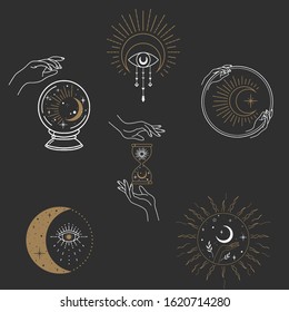 Vector witch magic design elements set. Hand drawn, doodle, sketch magician collection. Witchcraft symbols. Perfect for tattoo, textile, cards, mystery