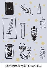 Conjunto de elementos de diseño mágico de bruja vectorial. Dibujo a mano, garabato, boceto de colección de magos. Símbolos de misterio de brujería: botella, veneno, vela, libro de magia. Perfecto para pegatinas, tarjetas, diseño de impresión