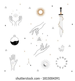 Vector witch magic design elements set. Hand drawn, doodle, sketch magician collection. Witchcraft symbols. Perfect for logo, tattoo, textile, cards, mystery.
