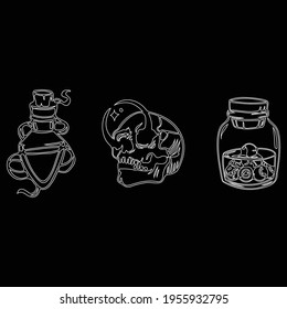 Vector witch magic design elements set. Hand drawn, doodle, sketch magician collection. Witchcraft symbols. Perfect for tattoo, textile, cards, mystery.Black background. 
