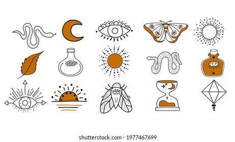 Vector witch magic design elements set. Hand drawn, doodle, sketch magician collection. Modern magical tattoo elements vector illustration set.