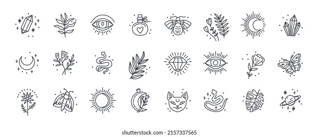 Vector witch magic design elements set. Hand drawn, lineart, sketch magician collection. Perfect for tattoo, textile, cards, mystery. Witchcraft symbols.