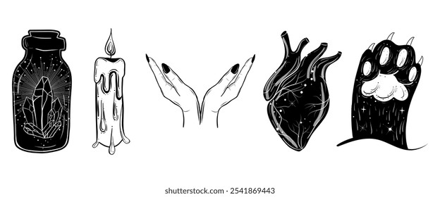 Conjunto de Elementos de diseño mágicos de bruja de Vector. Dibujado a mano, doodle, sketch colección de mago. Símbolos de brujería. Perfecto para el tatuaje, textil, tarjetas, misterio	