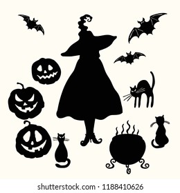 Vector witch in magic hat, carving face pumpkin lantern, cat, cauldron and bat stencil isolated on the white background. Halloween laser cutting template