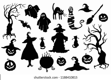 Vector witch, magic hat, carving face pumpkin lantern, ghost, mummy, tree, cat, broom, cauldron and bat isolated on the white background. Laser cutting template