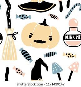 Vector witch magic seamless pattern. Hand drawn, doodle, sketch magician background. Funny Halloween symbols: candy, hat, pumpkin, witch broom, potion. Cartoon mystery characters